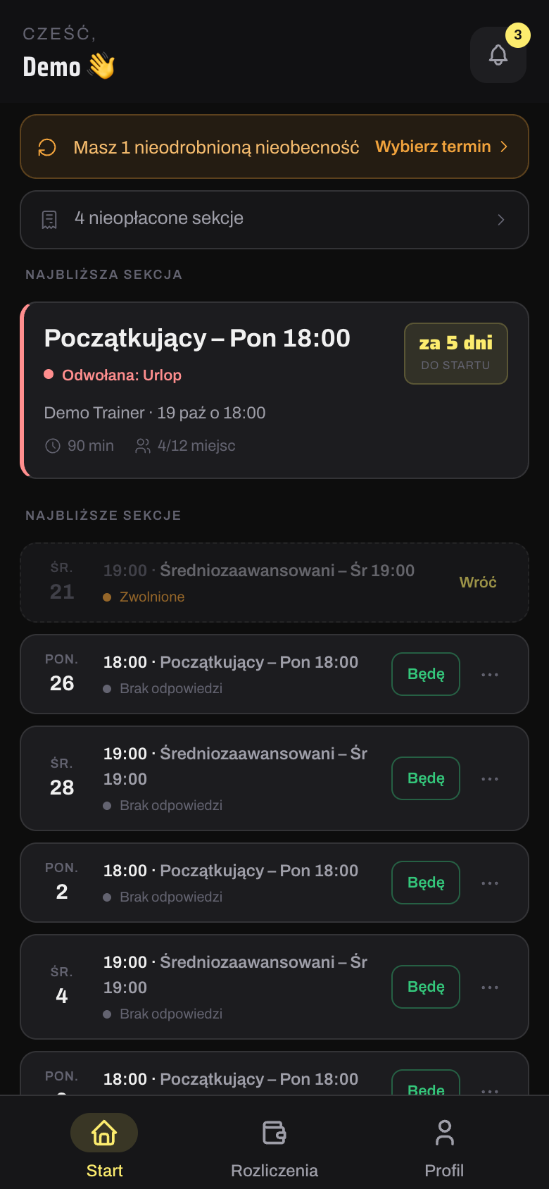 Ekran startowy sekcjowicza: sekcja odwołana z powodem Urlop i baner o nieodrobionej nieobecności
