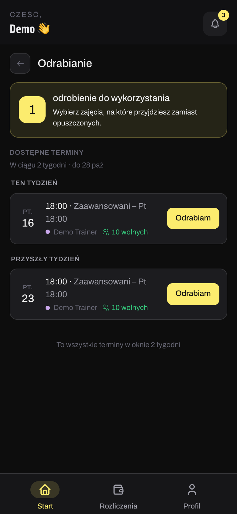 Ekran odrabiania: jedno odrobienie do wykorzystania i lista wolnych terminów do wyboru