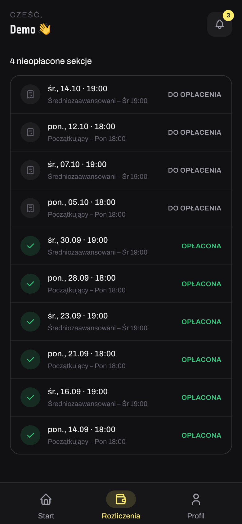 Ekran rozliczeń sekcjowicza z kwotą do zapłaty
